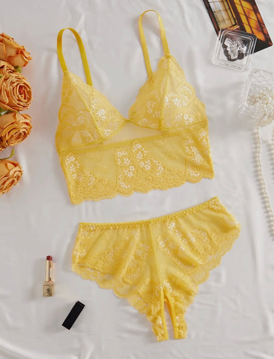 Yellow Floral Lace 2 Piece Lingerie Set