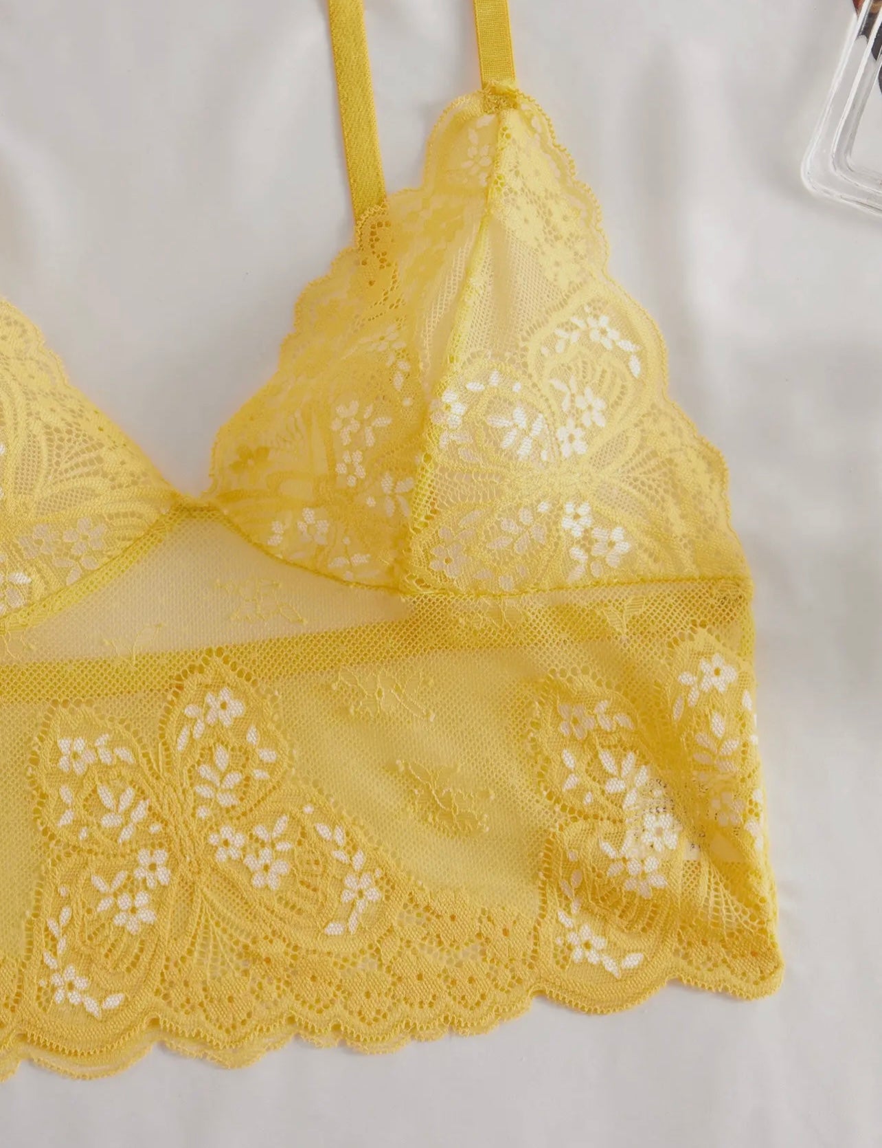 Yellow Floral Lace 2 Piece Lingerie Set