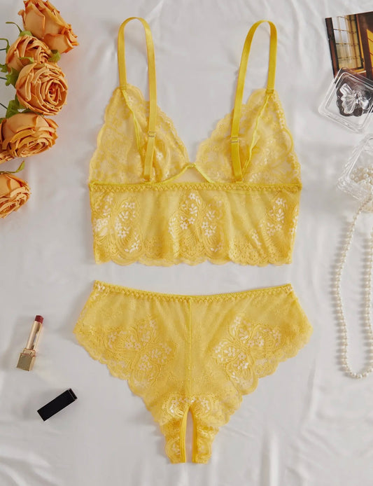 Yellow Floral Lace 2 Piece Lingerie Set