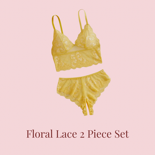 Yellow Floral Lace 2 Piece Lingerie Set