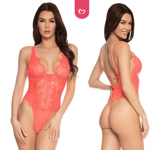 Neon Coral Eyelash Lace & Mesh Teddy Lingerie