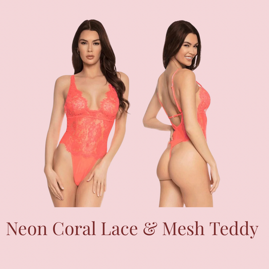 Neon Coral Eyelash Lace & Mesh Teddy Lingerie